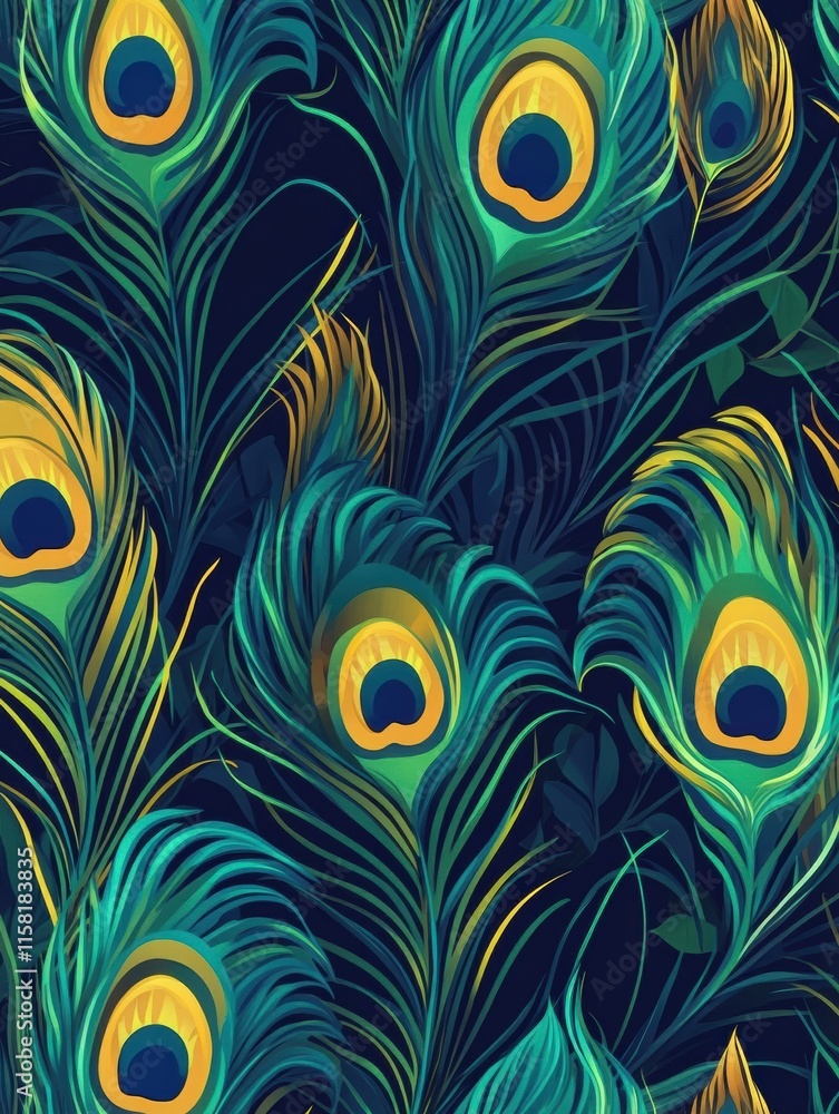 Poster vibrant pattern of overlapping peacock feathers with ample copy space for text. generative ai