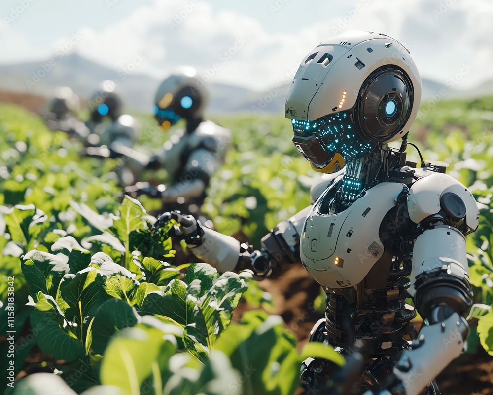 Poster futuristic robotic farmworkers harvesting crops, tending to fields, and utilizing stateoftheart tech