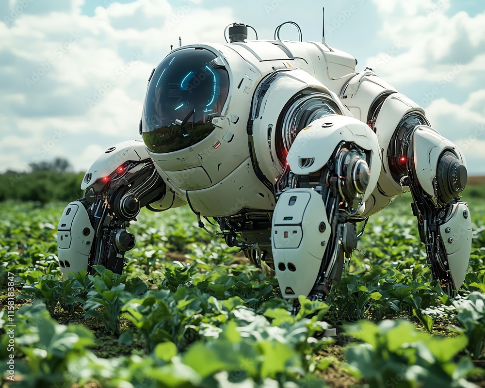 Poster futuristic robotic farmworkers harvesting crops, tending to fields, and utilizing stateoftheart tech