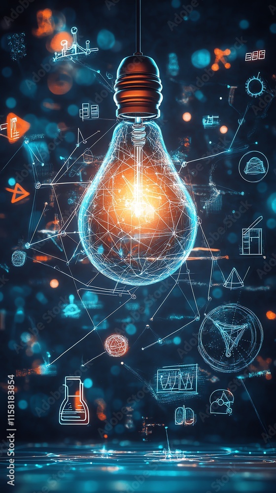Poster a glowing light bulb surrounded by scientific symbols and digital elements, representing innovation.