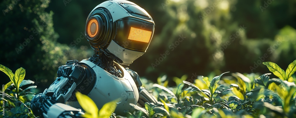 Poster futuristic robot farmers in action, utilizing advanced machinery, aidriven crop management, and auto