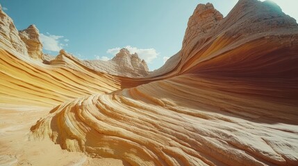 A stunning view of undulating rock formations in vibrant colors under a clear blue sky.