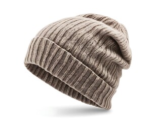 A taupe ribbed knitted winter beanie hat