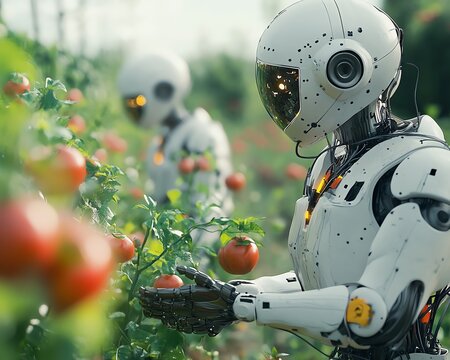 Futuristic robotic farmworkers harvesting crops, tending to fields, and utilizing stateoftheart technology for efficient, sustainable agriculture