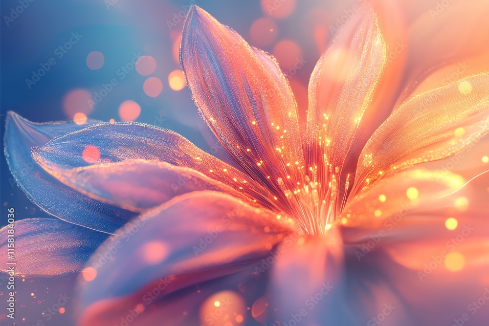 Poster a vibrant, glowing flower with luminous petals and soft bokeh background.