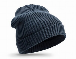 A dark blue ribbed knitted beanie hat
