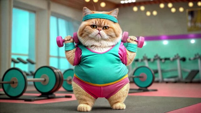Chubby ginger exotic cat stands in a gym, lifting pink dumbbells in both paws, doing a shoulder press exercise. Dressed in a colorful sport outfit. Funny cat fitness, funny pet sport, workout concept 