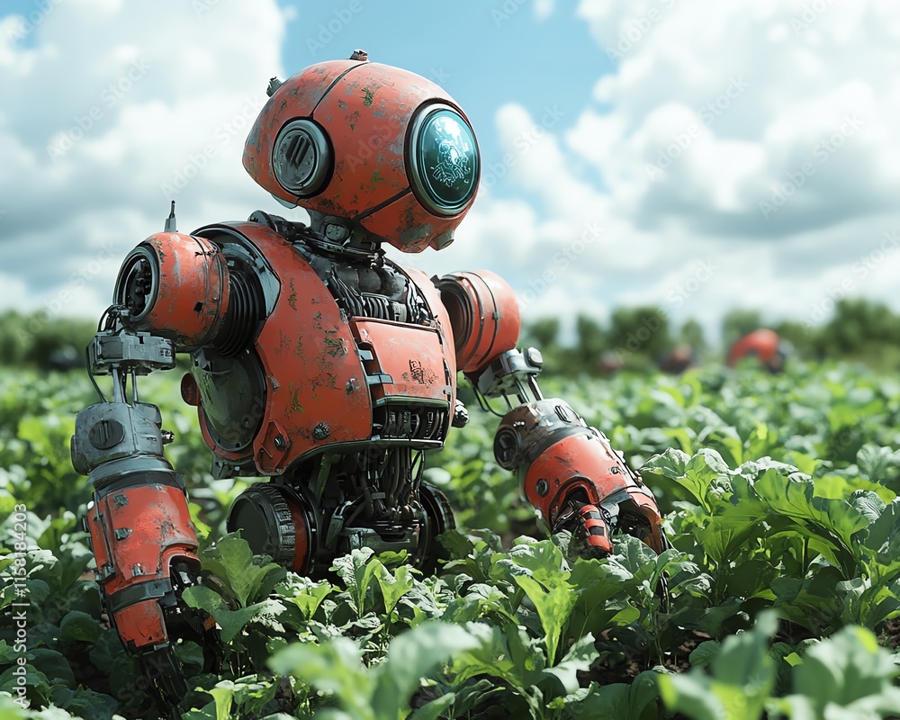 Poster robot farmers in a hightech agricultural revolution, planting crops, managing irrigation systems, an