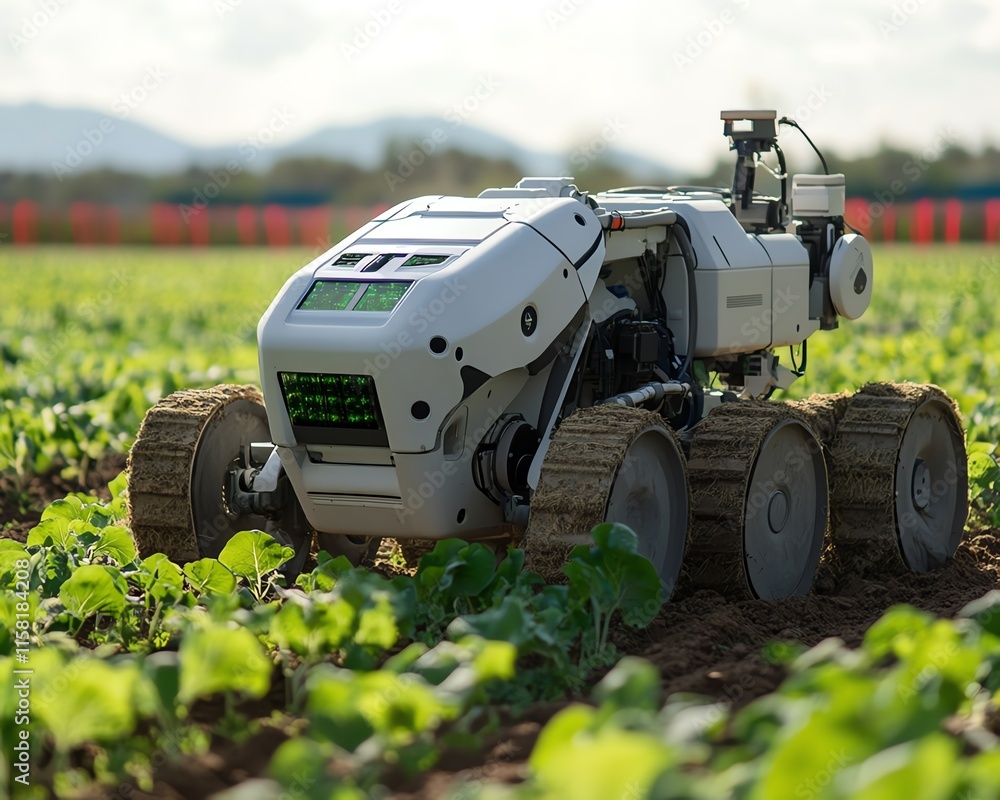 Poster robot farmers in a hightech agricultural revolution, planting crops, managing irrigation systems, an