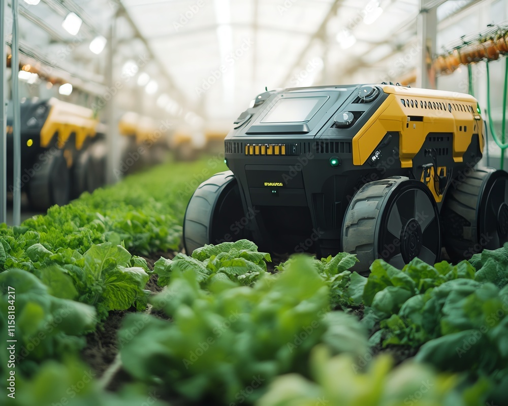 Poster robot farmers in a hightech agricultural revolution, planting crops, managing irrigation systems, an