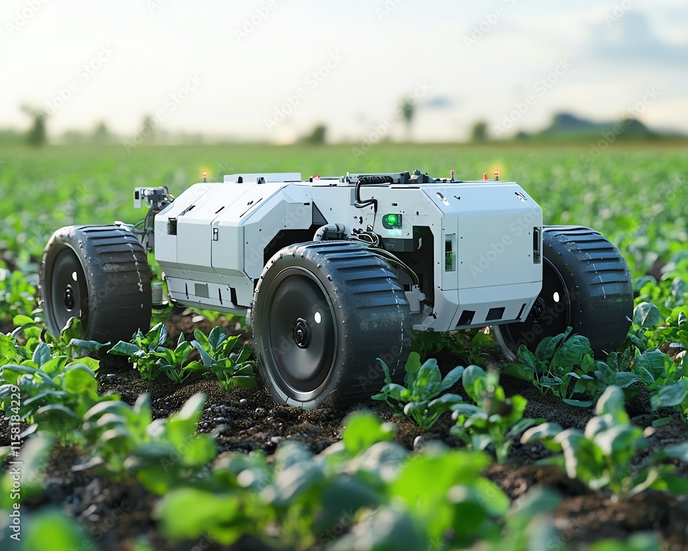 Poster robot farmers in a hightech agricultural revolution, planting crops, managing irrigation systems, an