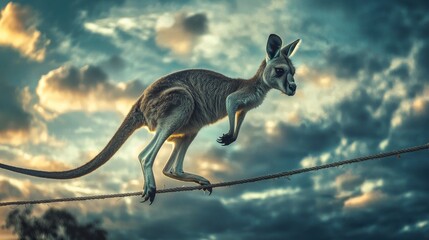 A kangaroo balances on a rope against a dramatic sky filled with clouds.