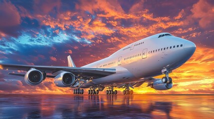 Obraz premium A large airplane on a reflective surface during a vibrant sunset.
