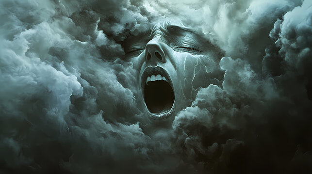 A surreal depiction of a face emerging from dark clouds, expressing a powerful scream, blending elements of emotion and nature. Aetherial. Illustration