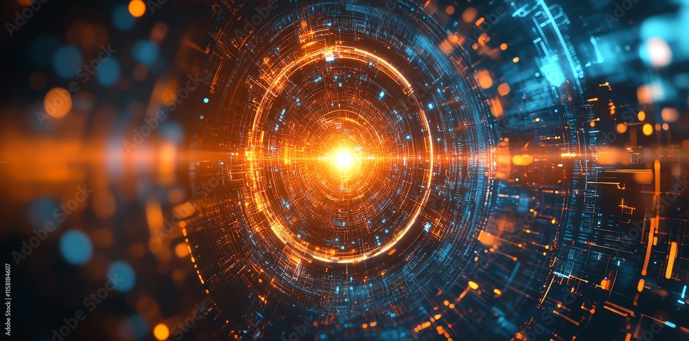 Aufkleber A vibrant digital abstract design featuring glowing circles and lines in orange and blue.