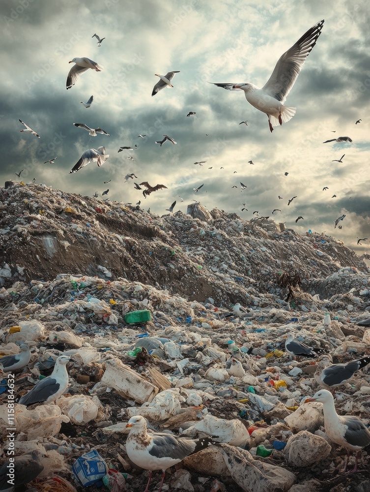 Poster seagulls soaring above a massive landfill under a moody sky filled with clouds. generative ai
