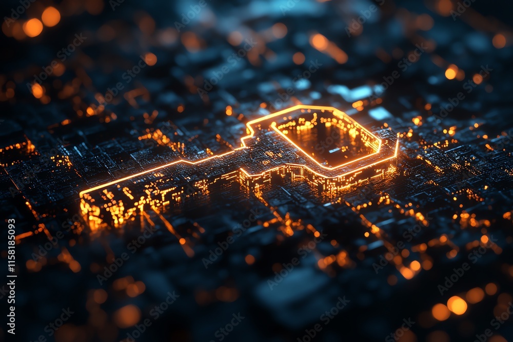 Poster a glowing key shape over a digital cityscape, symbolizing security and technology.