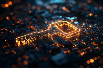 A glowing key shape over a digital cityscape, symbolizing security and technology.