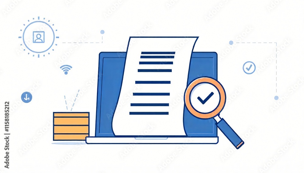 Aufkleber online document review secure data analysis laptop checkmarks approved