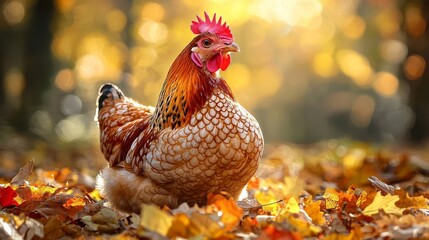 A vibrant hen stands among colorful autumn leaves, illuminated by soft sunlight, showcasing its striking feathers in a serene natural setting.