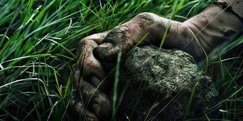 Dirty Hands Holding Rock in Grass