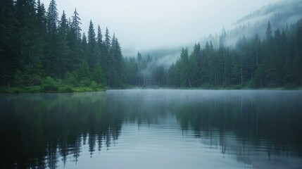 A serene lake surrounded by misty forests, creating a tranquil natural landscape.