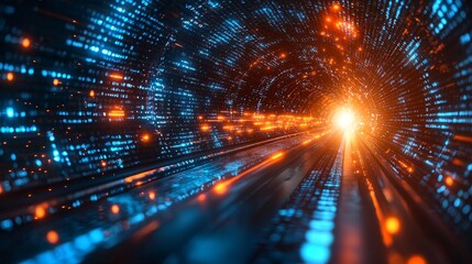 Fototapeta premium A vibrant, futuristic tunnel of glowing blue and orange lights representing data flow and digital connections.