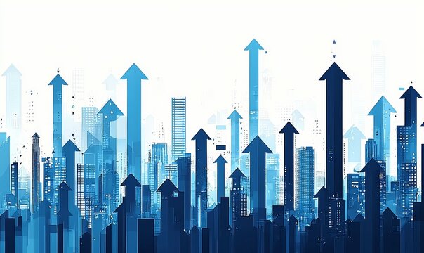A visually striking graphic featuring upward arrows overlaid on a city skyline, symbolizing growth and progress.