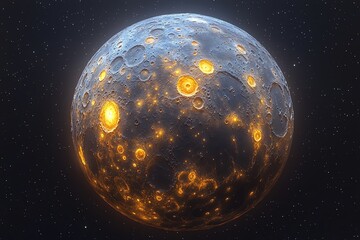 A digitally rendered moon with glowing craters against a starry background.