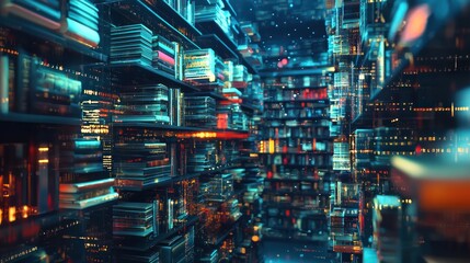 A futuristic library filled with glowing books and digital elements.