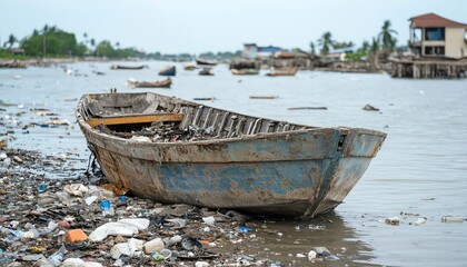 Obraz premium Plastic pollution in oceans, discarded human waste, and floating debris in the water, highlighting the environmental damage caused by water pollution