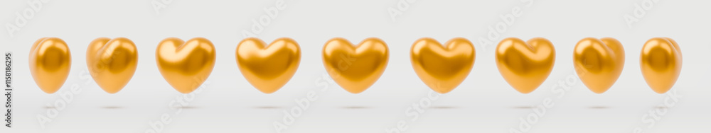 Wall mural animation sprite sheet of gold heart sequence rotation. gold glossy 3d heart balloon in different an