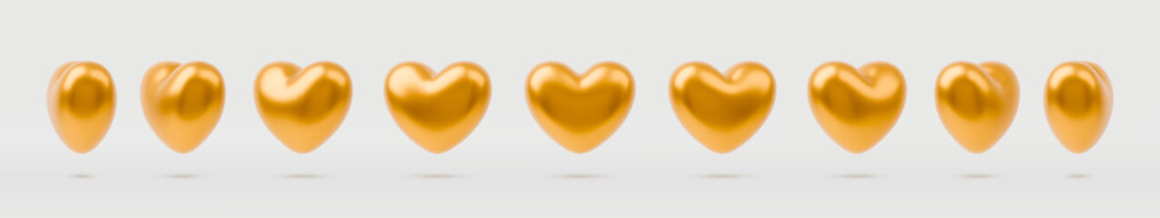 Animation sprite sheet of gold heart sequence rotation. Gold glossy 3D heart balloon in different angles. Vector symbol of love, Valentines day, wedding. Realistic 3d spin golden heart icon on white