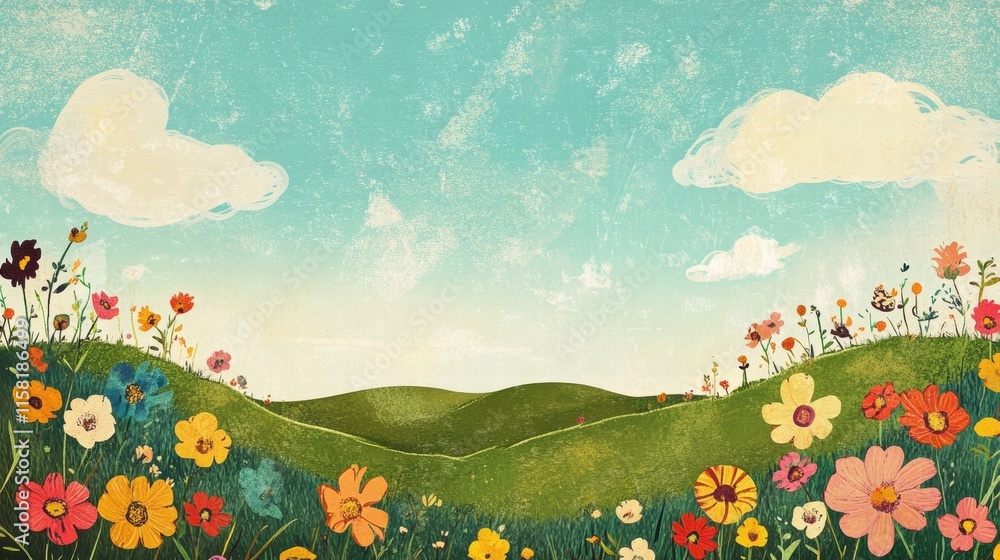 Poster colorful naive art style landscape with vibrant flowers and soft clouds under a clear blue sky for c