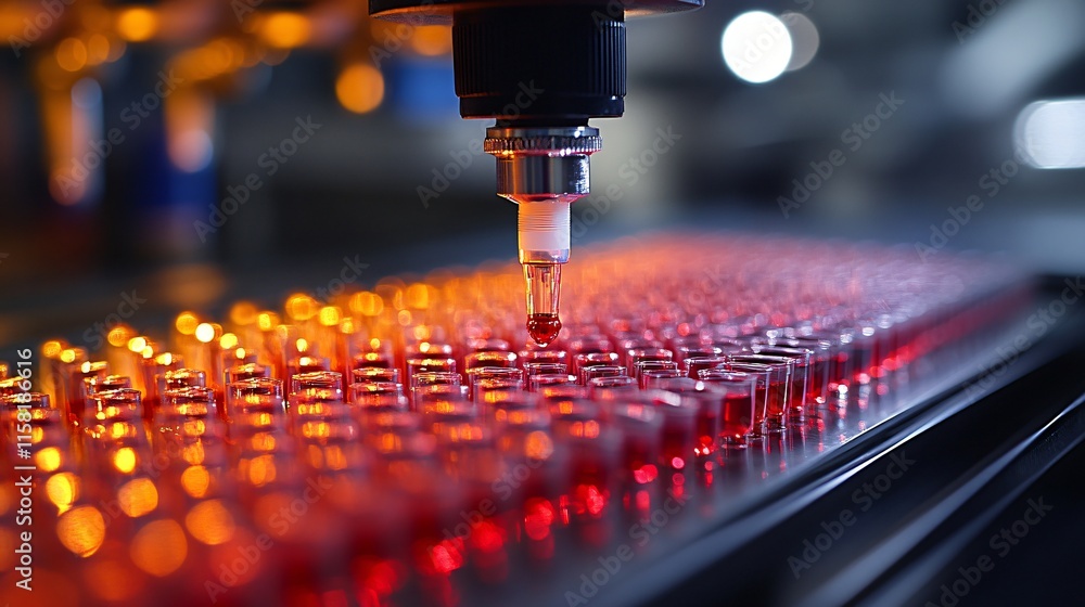 Poster Automated Lab Testing Red Liquid Dispensing into Micro Tubes