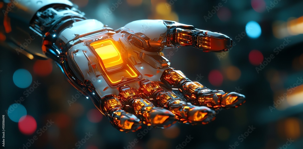 Poster a futuristic robotic hand with glowing elements, showcasing advanced technology.