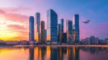 Fototapeta premium A vibrant city skyline at sunset with modern skyscrapers and a drone flying above.