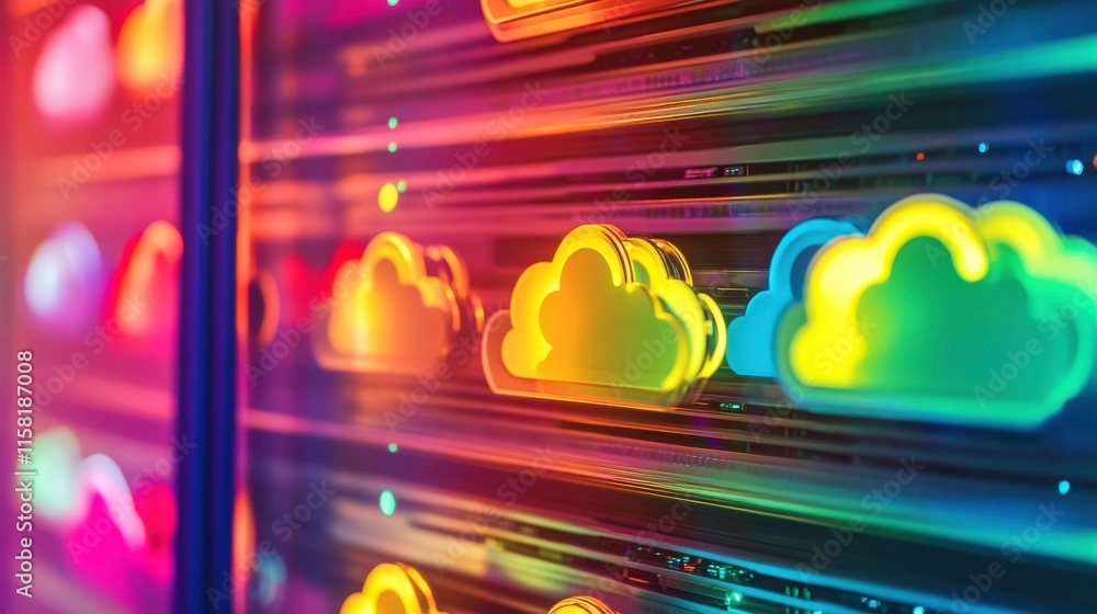 Poster colorful cloud storage with rotating disks and soft lighting