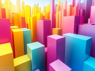Fototapeta premium A vibrant cityscape of colorful geometric shapes resembling skyscrapers.