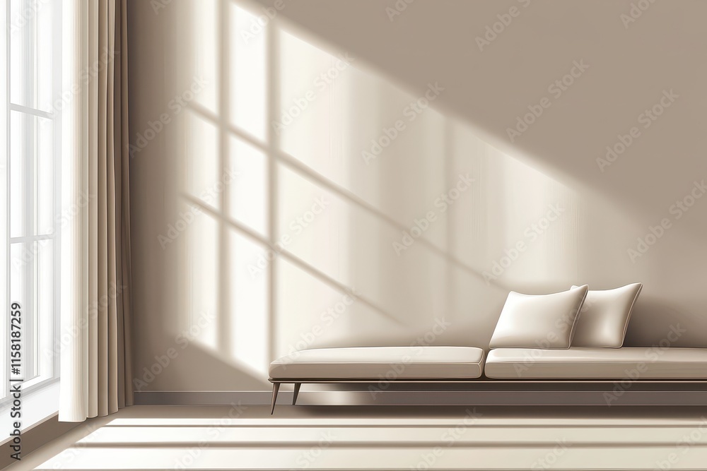 Poster a minimalist interior with a light sofa and soft shadows from a window.