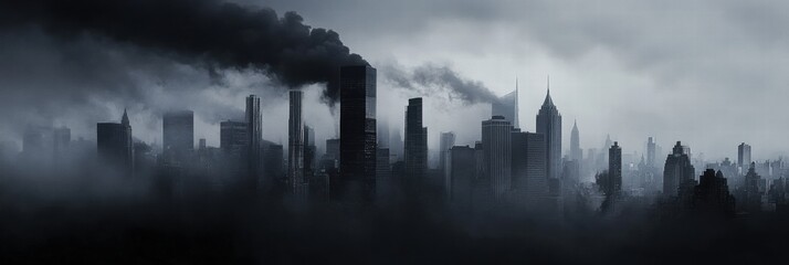 Obraz premium Industrial chimneys release thick black smoke into gray overcast sky above a city skyline during early morning hours. Generative AI