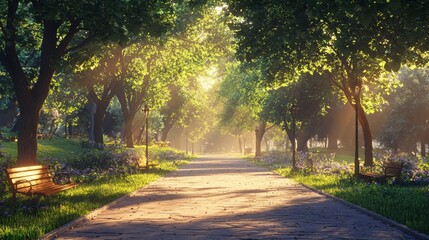 Obraz premium Tranquil Park Scene Featuring a Wooden Bench Nestled Among Lush Green Trees Under a Bright Blue Sky Inviting Relaxation and Peaceful Reflection Moments