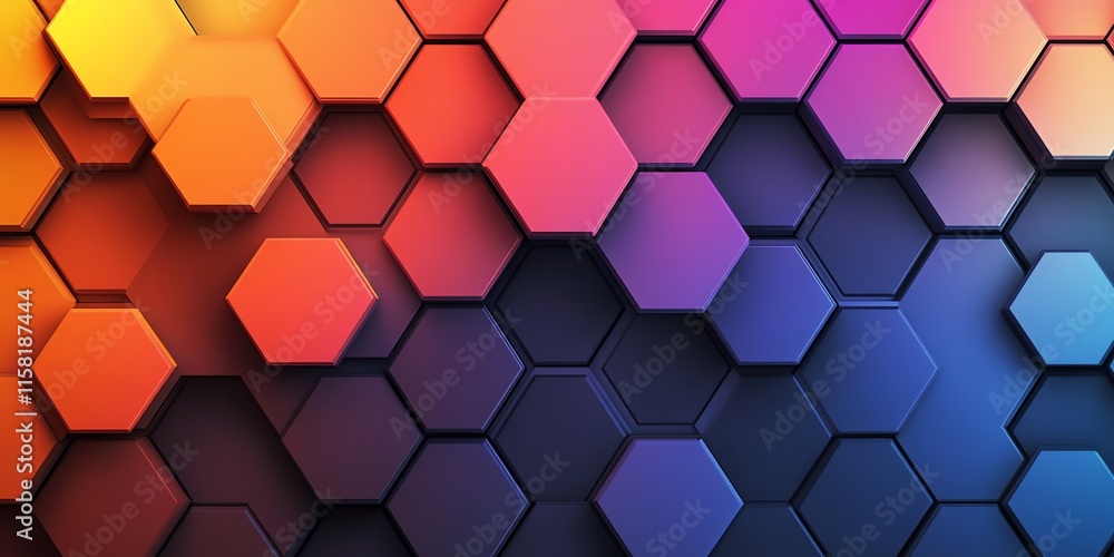 Poster a vibrant hexagonal pattern with a gradient of colors from orange to blue.
