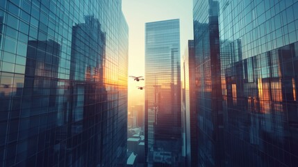 Obraz premium A futuristic cityscape featuring skyscrapers and a drone at sunset.