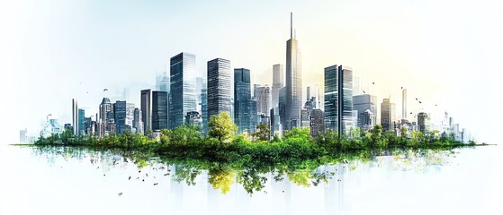 Fototapeta premium Futuristic metropolis with urban structures integrated with nature, rooftop gardens, and renewable energy systems, reflecting a sustainable, ecofriendly vision of the future