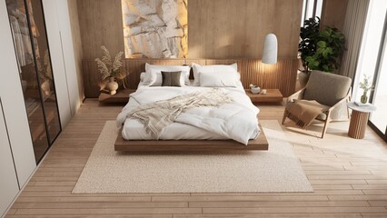 A serene, modern bedroom featuring a wooden bed, cozy textiles, and natural lighting, creating a warm and inviting atmosphere. 3d rendering.