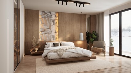A serene, modern bedroom featuring a wooden bed, natural decor, large windows, and an earthy color palette. 3d rendering.