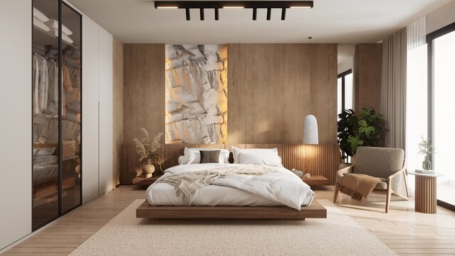 A modern bedroom with warm wooden accents, a cozy bed, stylish decor, and large windows allowing natural light to brighten the space. 3d rendering