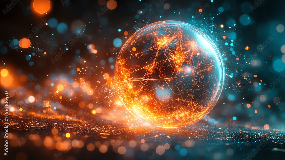 Poster a glowing orb with intricate patterns and vibrant colors, set against a sparkling background.
