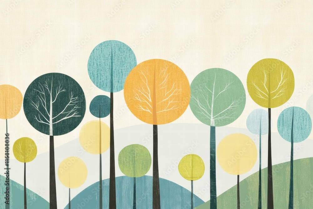 Poster colorful naive art style landscape featuring round trees against a light background with ample space